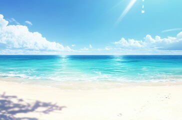 Serene Beachscape with Gentle Waves, Clear Blue Skies, Bright Sunlight Reflecting on Calm Waters and Soft Sandy Shore in a Tropical Paradise Setting