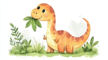 Naklejka premium A cute, cartoon dinosaur happily holds a leaf, surrounded by greenery in a whimsical, colorful illustration.