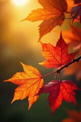Fototapeta premium Autumnal foliage backlit by the warm glow of the setting sun, showcasing vibrant red and orange leaves