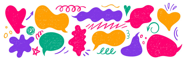 Set of hearts, speech bubbles, arrow and zigzag with crayon or chalk texture. Retro illustration on the white background.