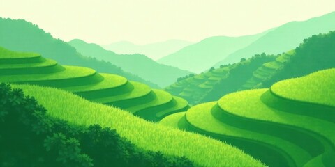 Serene Vista of Verdant Rice Terraces Cascading Down Lush Green Hillsides Under a Soft, Pale Sky