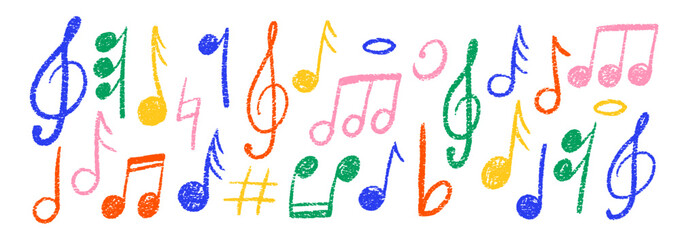 Set of hand drawn music notes with crayon, pastel or chalk texture. Cute doodle elements for kids or decorations. Color vector illustration on a white background. © Arina