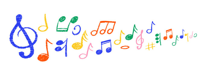 Set of hand drawn music notes with crayon, pastel or chalk texture. Monochrome musical notes wave. Cute doodle elements for kids or decorations. Color vector illustration on a white background. © Arina