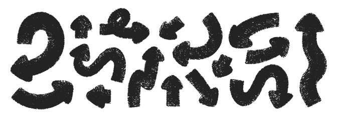 Set of different arrows with crayon, chalk or pastel texture. Sketch hand drawn elements for school design. Black vector illustration on a white background.