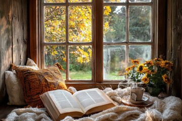 A cozy nook featuring an open book, soft blankets, and sunflowers by a window, with autumn foliage visible outside.