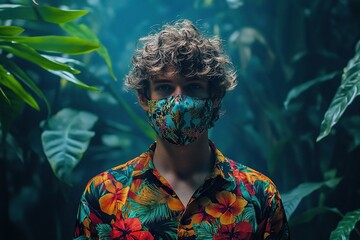Man in floral shirt and patterned mask in lush jungle.