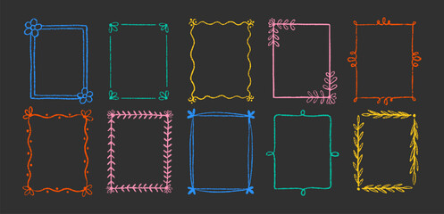 Set of outline squiggle frames with crayon, chalk or pastel texture. Design elements with floral elements for photo decoration. Color vector illustration on a blackboard.