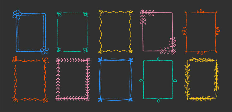 Set of outline squiggle frames with crayon, chalk or pastel texture. Design elements with floral elements for photo decoration. Color vector illustration on a blackboard.