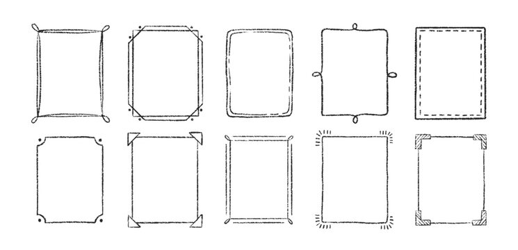 Set of outline doodle frames with crayon, chalk or pastel texture. Design elements for photo decoration. Sketch vector illustration isolated on a white background.