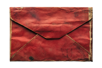 Old vintage red envelope with worn texture, isolated on transparent cutout background