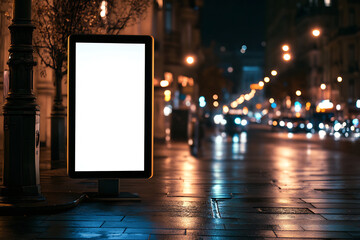 Glowing blank billboard mockup on a wet city sidewalk at night. Reflections from streetlights and traffic create a modern, atmospheric advertising scene, perfect for branding and marketing 