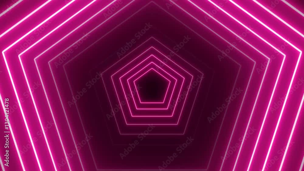 Poster tunnel of distorted hexagon outlines moving with spotlights on black background.