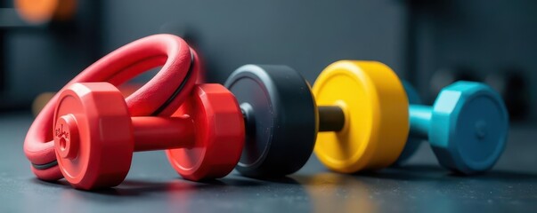 Brightly colored gym weights and resistance bands , strength training, workout