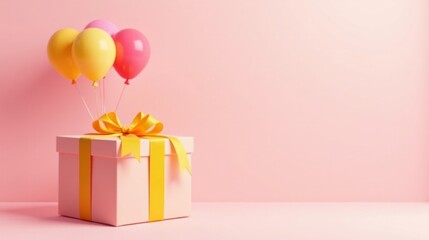 Pink gift box with yellow ribbon and pastel balloons floating above it on pink background