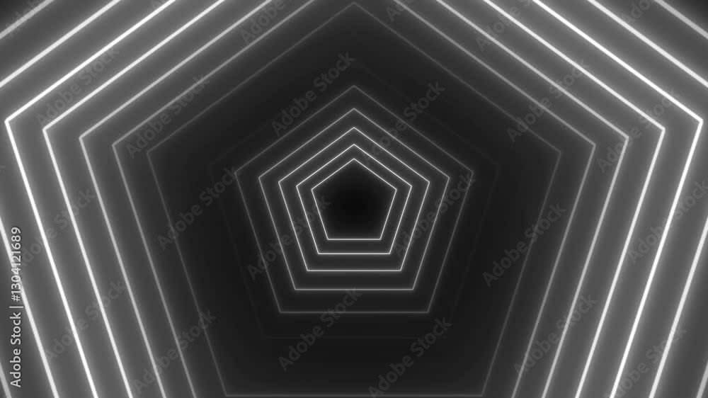 Poster tunnel of distorted hexagon outlines moving with spotlights on black background.