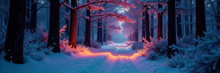 Fototapeta premium Enchanted forest path, Christmas trees aglow at winter twilight , enchanted, christmas lights