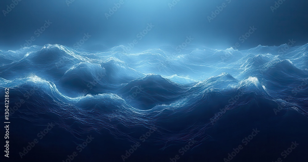 Poster serene deep blue ocean waves with dynamic motion and ethereal light effect creating a tranquil under