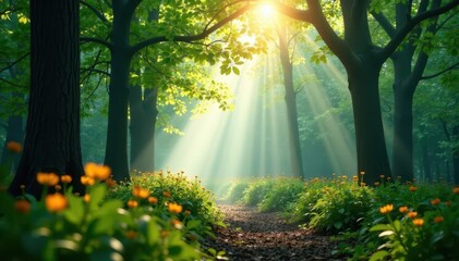 Misty spring forest, sunlight dappling through leaves, sunlight, ethereal, scene