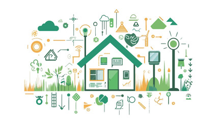 A vector illustration depicting a simplified house at the center, surrounded by various icons representing smart home technology and sustainable living elements.  The style is minimalist