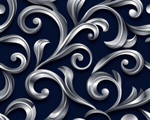 Fototapeta premium Luxury silver filigree scrolls on deep midnight blue, seamless intricate elegance, refined baroque ornamental pattern, perfect for branding and packaging