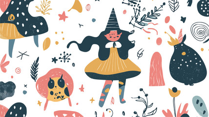 A repeating pattern featuring a whimsical illustration of a young witch in a yellow dress and pointed hat, alongside various fantastical creatures and floral elements. The style is