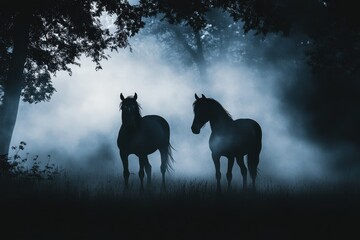 Two elegant horses standing together amidst the misty atmosphere