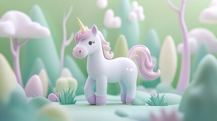 Fototapeta premium Pastel Unicorn in Fantasy Forest; Childrens Book Illustration