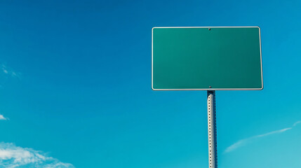 Blank green road sign mockup on a metal pole against a bright blue sky. Ideal for signage, billboard, and wayfinding design presentations. High-resolution and editable