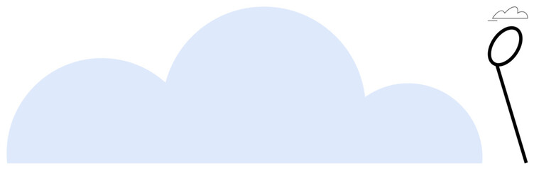 Single balloon drifting upward next to a large blue cloud element. Ideal for freedom, aspiration, ambition, creativity, simplicity, exploration, fresh ideas. Flat simple metaphor