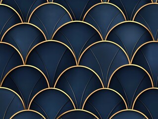 Minimalist high-end Art Deco line work forming a seamless textile pattern in deep navy and gold