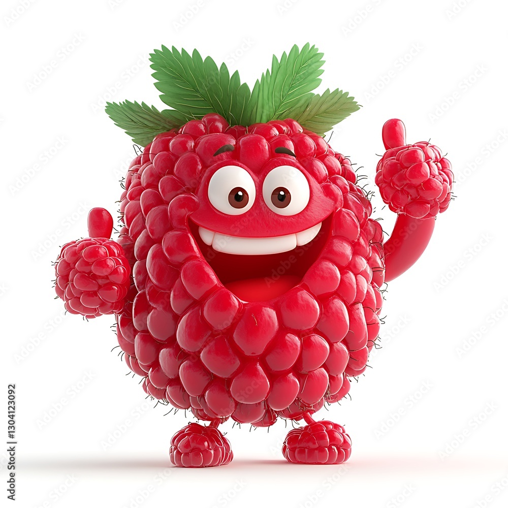Poster cheerful raspberry character: a vibrant raspberry character with an infectious grin and thumbs up, e