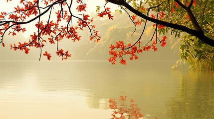 Fototapeta premium Red Leaves Over Calm Lake at Dawn
