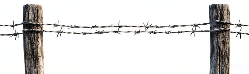 Barbed Wire and Posts: A rustic image capturing the stark contrast of a weathered wooden posts supporting a line of sharp, metallic barbed wire, creating a powerful visual statement.