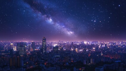 Obraz premium Night Cityscape Under Milky Way Galaxy