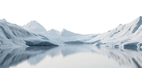 Serene frozen landscape with icy mountains and lake reflection, isolated on transparent cutout background
