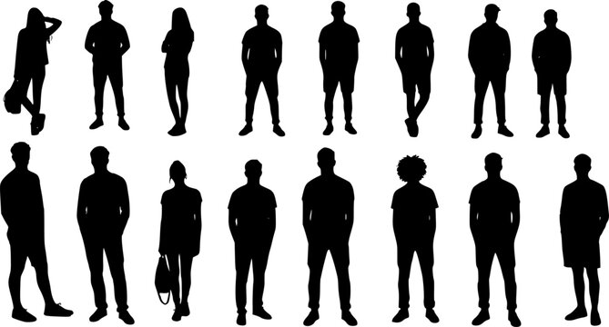 Vector silhouettes man and women, illustration. Silhouettes of young people posing in casual clothes. EPS10 version.