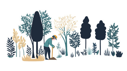 Naklejka premium Illustration of a gardener tending to various plants and trees. The style is flat, vector-based with simplified shapes and limited color palette. The background is white. The gardener is