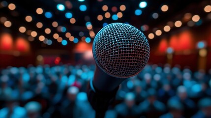 Microphone at Conference, Public Speaking, Audience Blurred Background