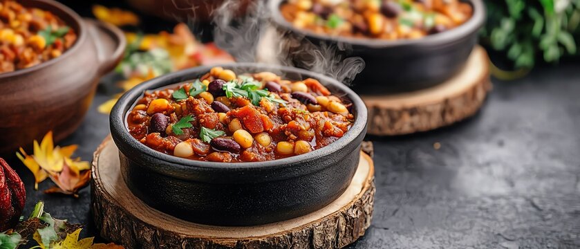 Cozy autumn backyard chili cook-off, steaming bowls, friendly competition, festive fall decor
