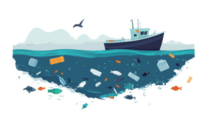 A vector illustration depicting a fishing vessel on a sea surface. Below the waterline, a significant amount of plastic waste and debris is visible, illustrating marine pollution. The