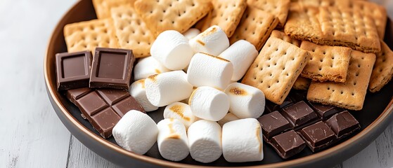 DIY backyard s'mores station, variety of chocolates, graham crackers, and toasted marshmallows