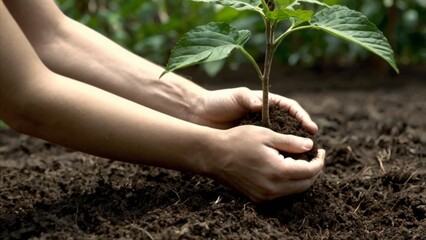 Close-up of hands planting a tree. (focus Object, clear image, composition, correct Perspective, noise clean up, sharpen image, improve details, frame colour white balance ai enhance and ai structure 