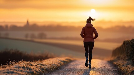 A person jogging on a path during a beautiful sunrise in a serene landscape.