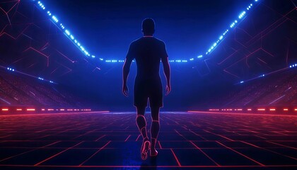 Obraz premium A lone athlete walks towards a vibrant, illuminated stadium, full of anticipation.