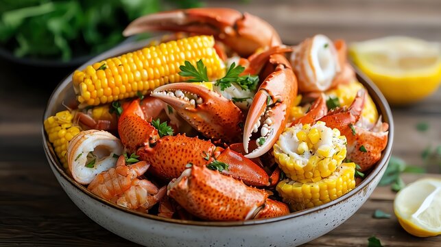 Summery backyard seafood boil, crab legs, corn on the cob, rustic wooden table setup