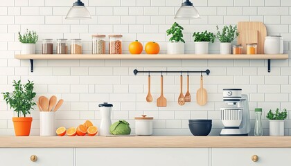A bright, modern kitchen featuring fresh ingredients, utensils, and cozy decor.
