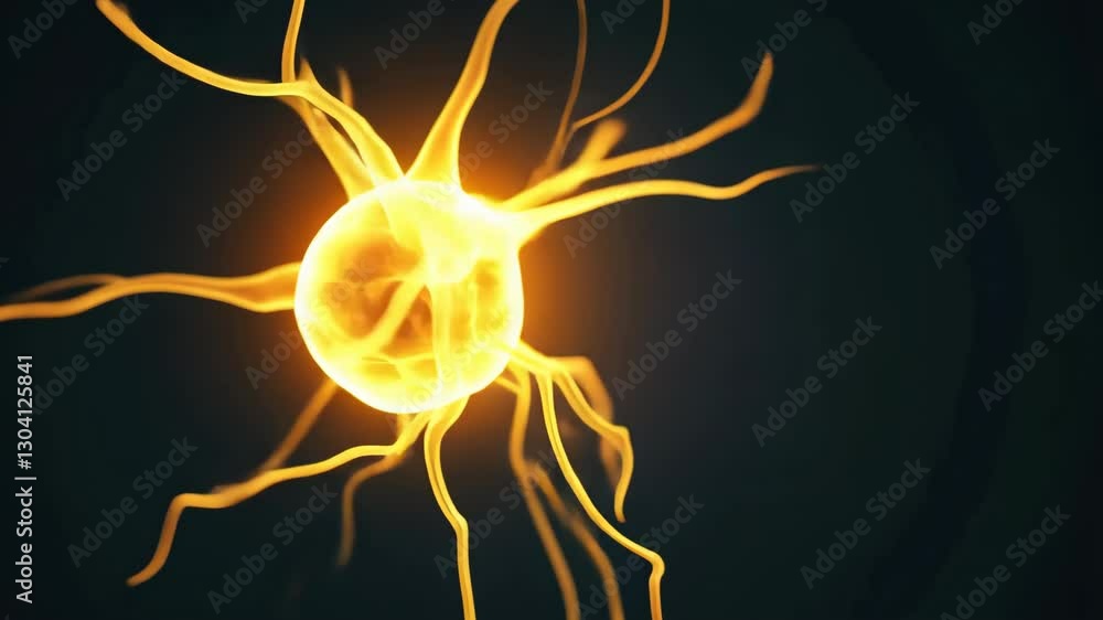 Poster glowing neuron with branching dendrites against dark background illustration of neural activity, con