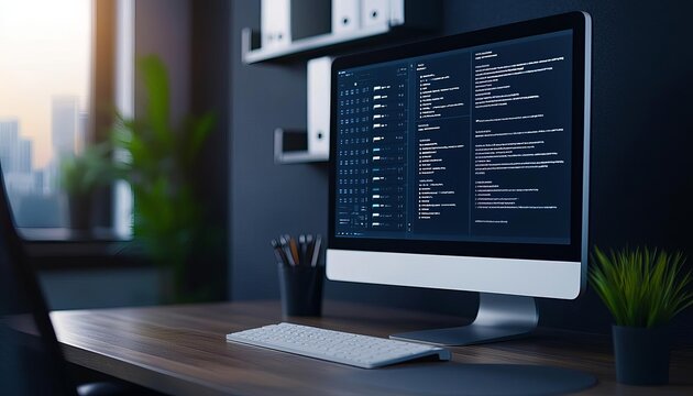 A modern desktop setup showcasing a computer screen with coding text.