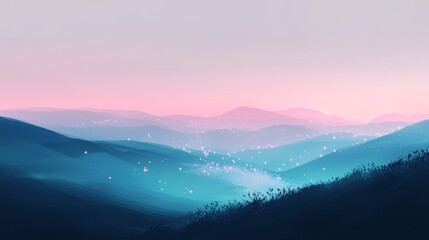 Create a smooth gradient background blending deep navy blue, soft lavender, and a hint of teal, with subtle bokeh lights scattered across the canvas to add depth and a dreamy atmosphere.