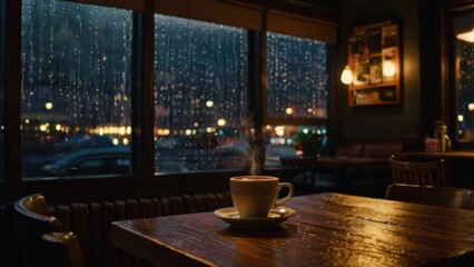 A warm and cozy coffee shop interior at night, with soft ambient lighting and a peaceful atmosphere. A steaming cup of coffee sits on a wooden table near a window, with a gentle rain falling outside. 
